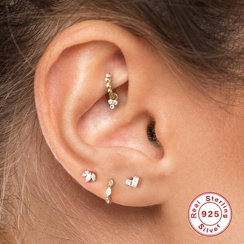 925 Sterling Silver Hoop Stud Earrings Cubic Zirconia Bee Geometric Cartilage Piercing Jewelry For Women Gold Plated