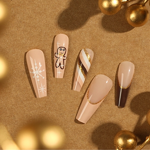 Christmas Press On Nails Long Coffin Shape Gingerbread Man Snowflake Brown French Tip Glitter Plastic False Nails For Women Festive Holiday Nail Art