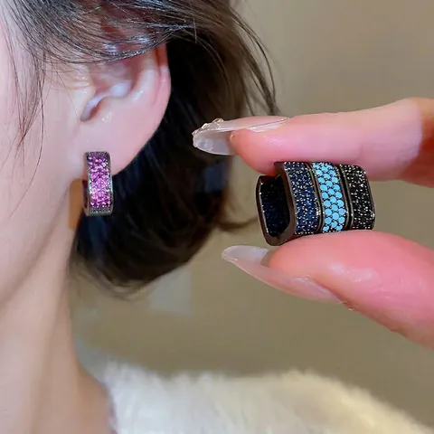 Square Hoop Earrings Copper Zircon Micro Pave Rectangular Ear Buckles With Silver Earring Post For Women