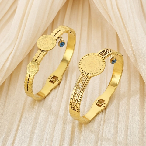 Bracelet Jonc Vintage en Acier Inoxydable pour Femme Plaqué Or Argent Breloque Evil Eye Motif Grec Bijoux de Mode