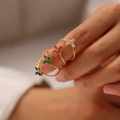 Four Leaf Clover Flower Ring Stainless Steel Zircon Open Adjustable Gold Plated Minimalist Fashion Jewelry Women