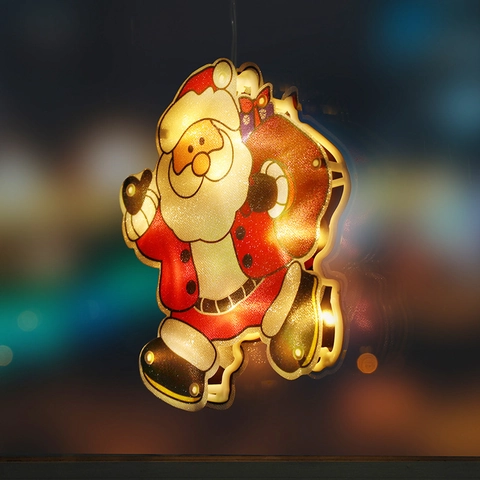 Luces LED Colgantes Para Ventana De Navidad Ventosa Funciona Con Pilas Blanco Cálido Papá Noel Muñeco Nieve Reno Árbol