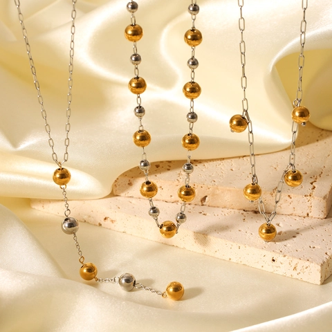 Edelstahl Rundperlenkette Gold Silber Dual Tone Geometrisch Poliert Minimalistischer Schmuck Für Damen