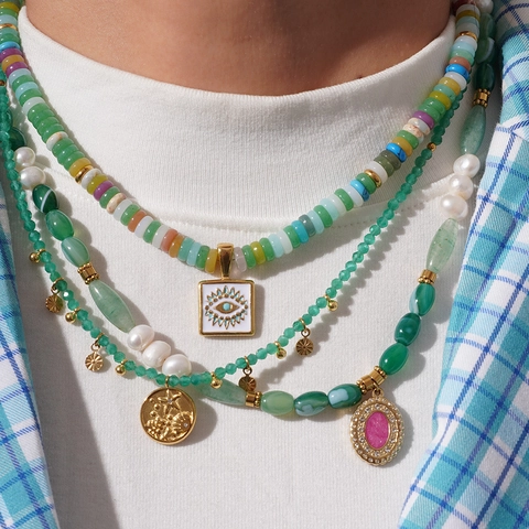 Collier Multicouche Bohème Pierre Naturelle Perle Eau Douce Acier Inoxydable Pendentif Mauvais Œil Bijoux Mode Femmes