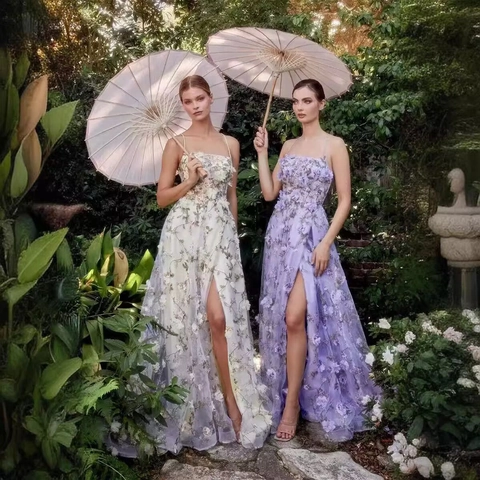 Women Elegant Evening Dress Spaghetti Strap Mesh 3D Floral Applique High Slit Backless Long Prom Gown