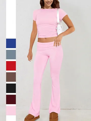 Women Short Sleeve T-Shirt And High Waist Flared Pants Slim Fit Solid Color Polyester Spandex Casual Yoga Outfit