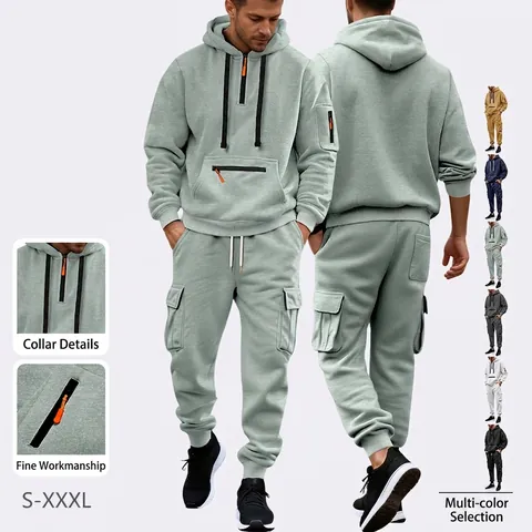 Men Hoodie And Cargo Pants Tracksuit Set Polyester Brushed Fleece Solid Color Casual Sports Streetwear Outfit