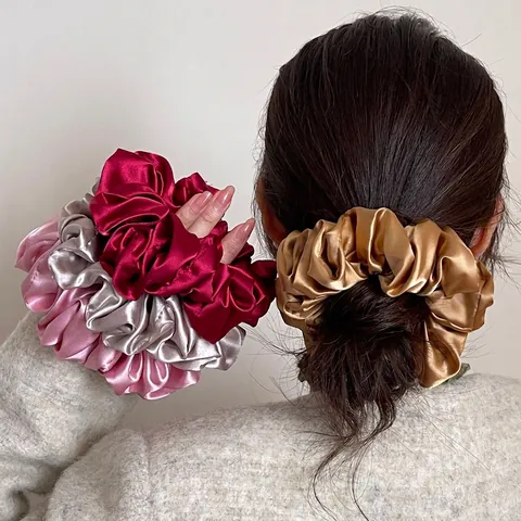 Large Satin Scrunchies Satin Like Hair Ties Pleated Elastic Hair Bands Oversized Solid Color Elegant Ponytail Holders For Women