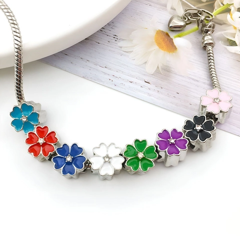 Enamel Kirschblüte Blume Großlochperlen Zinklegierung Straßstein DIY Armband Halskette Schmuckherstellung