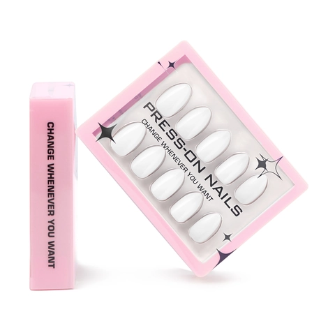 Press On Nails Solid White Glossy Almond Shape Full Cover Fake Nails For Women Simple Elegant Manicure