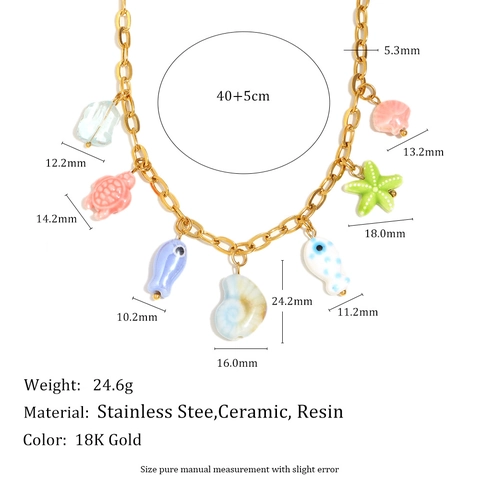 Oceaan Thema Ketting 18K Verguld Roestvrij Staal Kleurrijke Keramische Zeedier Hangers Vis Schildpad Schelp Voor Vrouwen