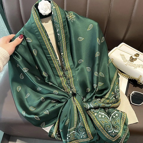 Women Elegant Satin Paisley Print Shawl Large Scarf Sun Protection Beach Wrap For Summer Casual Fashion Accessories