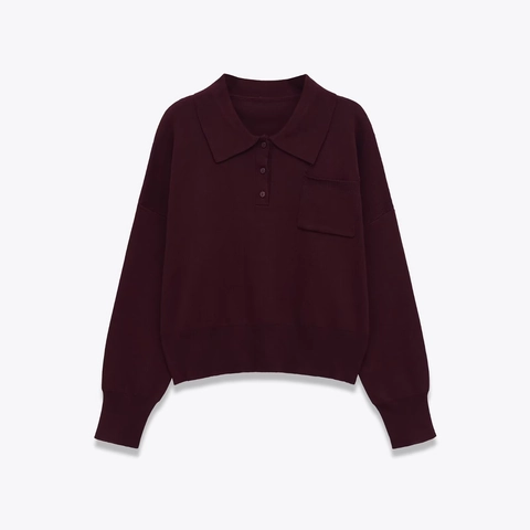 Jersey De Punto Polo Para Mujer Manga Larga Poliéster Con Bolsillo En El Pecho Burdeos Color Sólido Top Casual