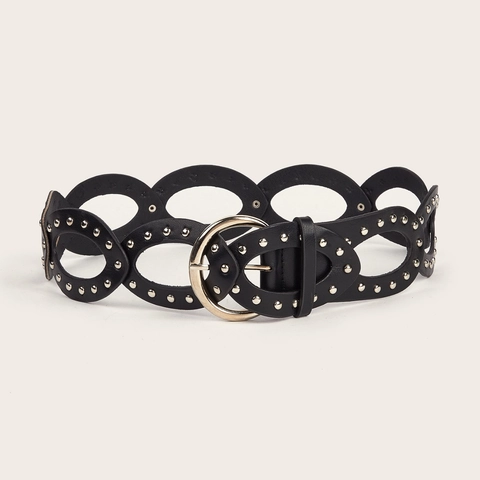 Vintage Street Style Wide Belt For Women PU Leather Hollow Circle Patchwork With Silver Rivets Alloy Pin Buckle