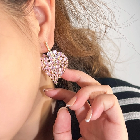 Pink Zirconia Leaf Shape Copper Gold Plated Earrings With 925 Sterling Silver Earring Post Elegant For Women