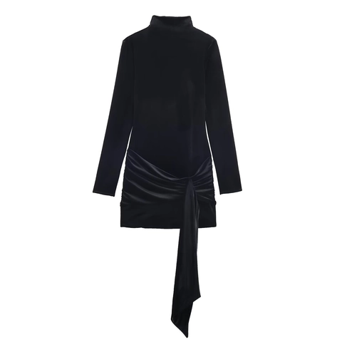 Elegant Black Velvet Ruched Mock Neck Mini Dress Asymmetric Draped Long Sleeve Party Evening Wear For Women