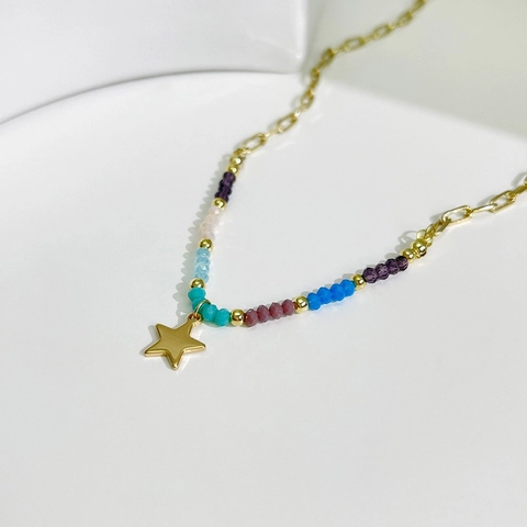 Stern Anhänger Halskette Mit Bunten Acrylperlen Goldlegierung Büroklammer Kette Für Frauen Boho Chic Schmuck