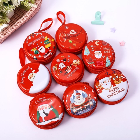 Tinplate Coin Purse Mini Round Square Earphone Case Zippered Lanyard Cartoon Year Of The Horse Christmas Gift For Kids