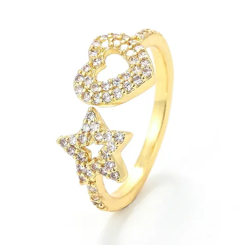 Anello Aperto Regolabile In Rame Con Cuore E Stella In Zircone Micro Pavè Gioielli Di Moda Per Donne