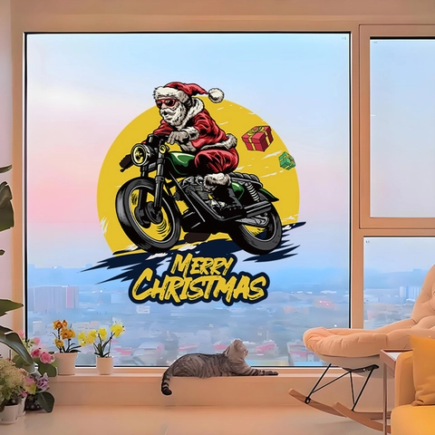 Christmas Static Window Sticker Santa Claus Riding Motorcycle PVC Glue-Free Decal Waterproof Glass Door Showcase Decor