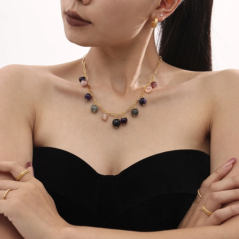 Collana Di Perle In Pietra Naturale Colorata Bohémien In Acciaio Inossidabile Catena Placcata Oro Gioielli Alla Moda Donna