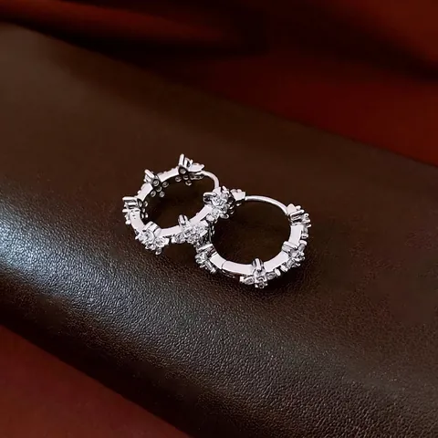 Copper Flower Hoop Earrings With Zircon Encrusted French Style Fashion Jewelry For Women Silver Color