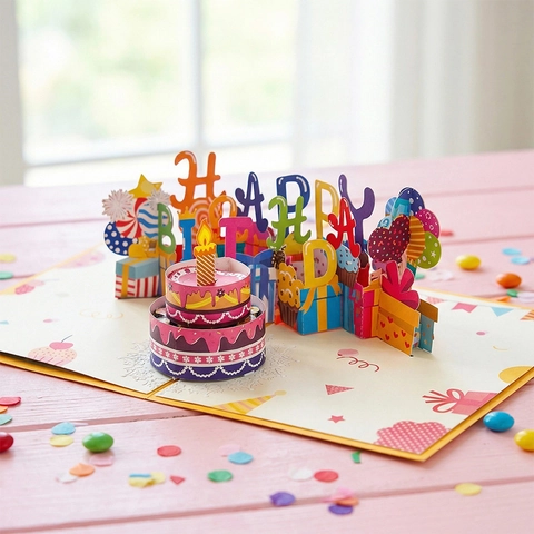 Tarjeta De Felicitación Cumpleaños 3D Pop Up Con Música Y Luz LED Efecto Vela De Soplar Papel Regalo Happy Birthday