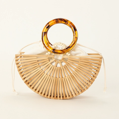 Handwoven Bamboo Handbag Semi Circle Fan Shape Hollow Out Beach Vacation Tote With Resin Handle And Canvas Inner Bag