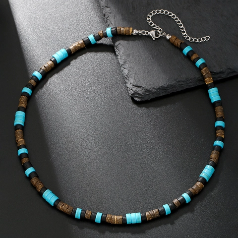 Bohemian Vintage Ethnic Beaded Necklace For Men Women Turquoise Coconut Shell Wood Bead Splicing Punk Hip Hop Jewelry