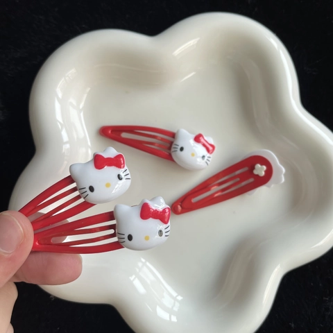 Cartoon Cat Resin Alloy Snap Hair Clips Red White Bow Kids Girls Accessory