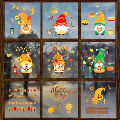 Autumn Thanksgiving Window Clings Gnomes Pumpkin Maple Leaf PVC Static Stickers For Glass Decor Both Sides Printing