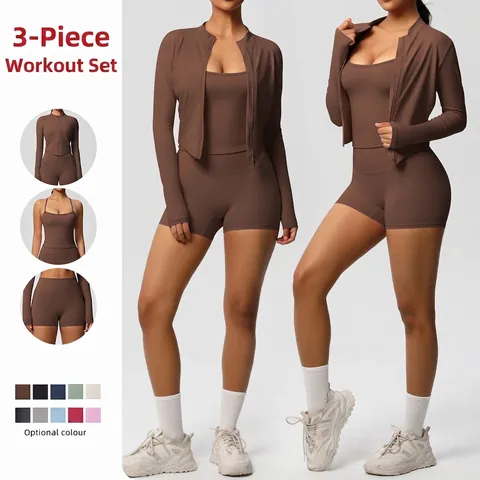 Damen Yoga Outfits Nylon Spandex Atmungsaktiv Hohe Taille Shorts Sportweste Stehkragen Reißverschluss Jacke Fitness Gym Kleidung