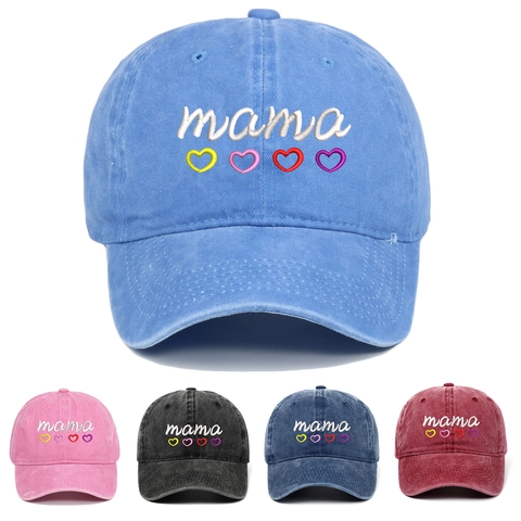 Mama Letter Embroidery Baseball Cap Washed Cotton Distressed Vintage Style Hat With Colorful Hearts For Women