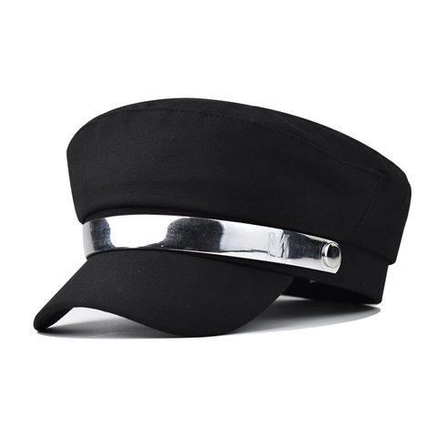 Casquette Gavroche Pour Femmes En Coton À Toit Plat Chapeau Militaire Avec Barre Métallique Argentée Décor Lettre M Style Rétro Britannique