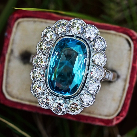 Anello In Rame Vintage Con Zircone Blu Mare Taglio Cushion E Halo Di Zirconia Cubica Rotonda Per Donne Gioielli Da Banchetto