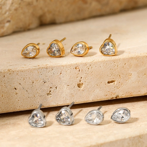 Stainless Steel Heart And Water Drop Shape Stud Earrings With Shiny Zircon Inlay Sweet Style For Women High Quality