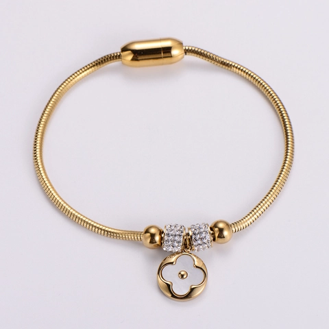 316L Stainless Steel Snake Bone Chain Bracelet White Shell Four Leaf Clover Pendant Zircon Inlaid Magnetic Clasp Women