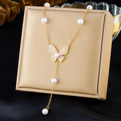 Collar Con Colgante De Mariposa Acero Inoxidable Esmalte Borla Perla Artificial De Imitación Forma De Y Joyería Para Mujer