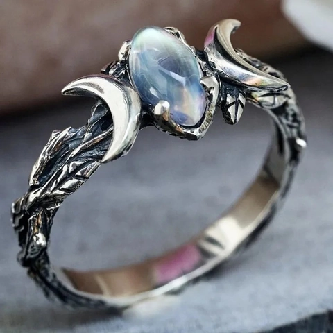 Vintage Alloy Ring With Marquise Imitation Moonstone Triple Moon Crescent Branch Texture Gothic Boho Jewelry For Women