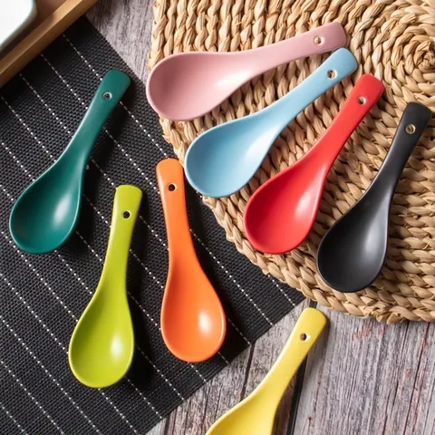 Ceramic Soup Spoon Colorful Candy Color Porcelain Spoons With Hanging Hole Nordic Style Home Kitchen Dessert Porridge Smooth Glaze