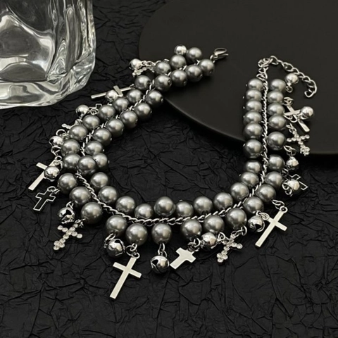 Collana Girocollo Punk Gotica Multistrato Perla Artificiale Grigia Ciondolo Croce Campanello Metallo Nappa Vintage Gioielli Donna