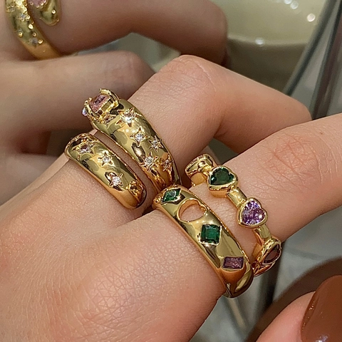 Rosa Birne Zirkon Stern Kupfer Ring Gold Vergoldet Doppelpack Verstellbar Offen Fingerring Damen Schmuck