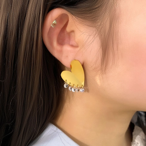 Heart Tassel Dangle Earrings 18K Gold Plated Stainless Steel With Crystal Pendant Waterproof Hypoallergenic For Women