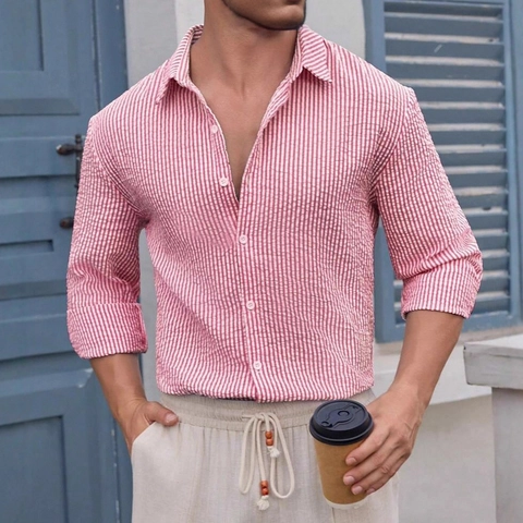 Camicia Casual Da Uomo Seersucker A Righe Manica Lunga Traspirante Con Bottoni Revers Tops Leggero Moda Versatile