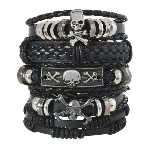 Men's Punk Black Leather Wrap Bracelet With Alloy Skull Crossbones Charms Handmade Braided Multi Layer Cord Wristband Jewelry