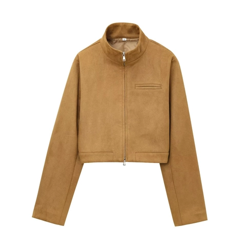 Chaqueta Corta De Gamuza Sintética Para Mujer Cuello Alzado Manga Larga Cremallera Color Sólido Casual Moda Exterior