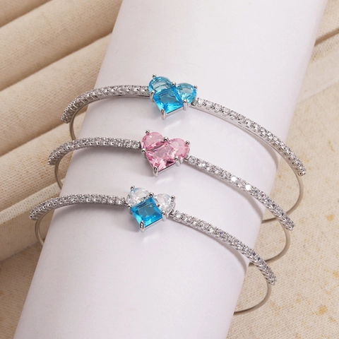 Fashion Heart Zirconia Open Cuff Bracelet Gold Silver Plated Elegant Light Luxury Inlaid Bangle For Women Daily Party Jewelry