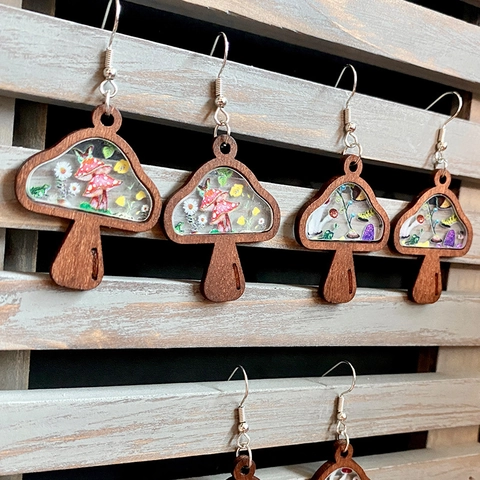 Mushroom Dangle Earrings Wood Acrylic Floral Inlaid Micro Landscape Retro Cottagecore Style Jewelry For Women