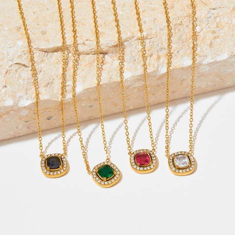 Collar Con Colgante De Halo De Circón Cuadrado Acero Inoxidable Geométrico Elegante Joyería Ligera Para Mujer Diario