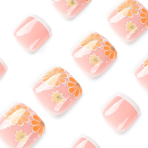 Plaknagels Voor Teennagels Frans Witte Tips Oranje Gele Bloemenpatroon Jelly Roze Glanzend